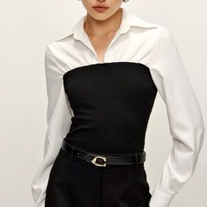 COMMENSE-Two Tone Panel Polo Shirt. Size: small. Black/White